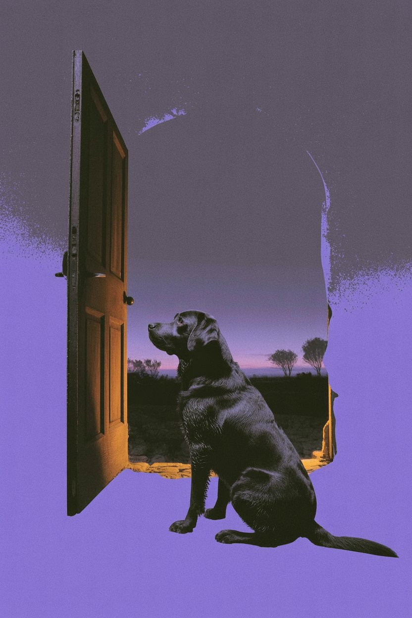 Black dog sits watchful at an open door as dusk falls beyond the threshold A black Labrador sits alert at an open wooden doorway, silhouetted against a purple twilight landscape, embodying Hekate's loyal psychopomp companions who guard thresholds and guide souls between worlds during liminal transitions.