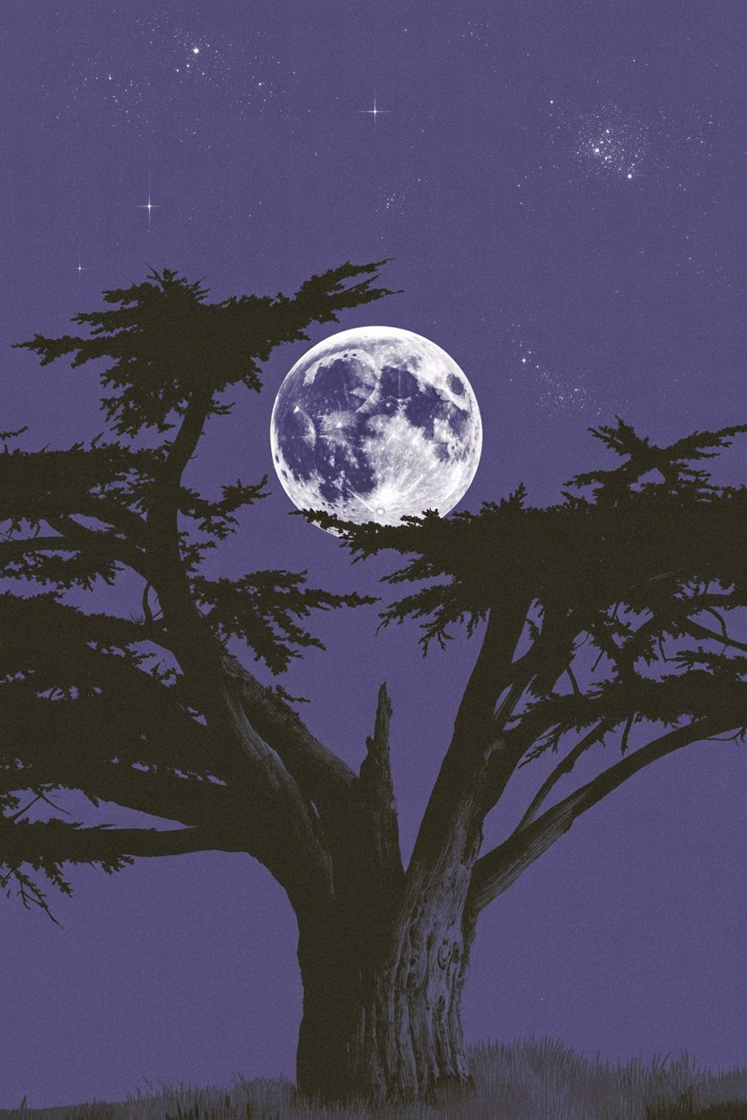 Full moon rises through ancient branches under starlit sky A luminous full moon framed by the dark silhouette of a gnarled tree against a deep purple-blue night sky scattered with stars, capturing the liminal quality of nighttime and the meeting point between earth and celestial realms central to Hekate's dual nature.
