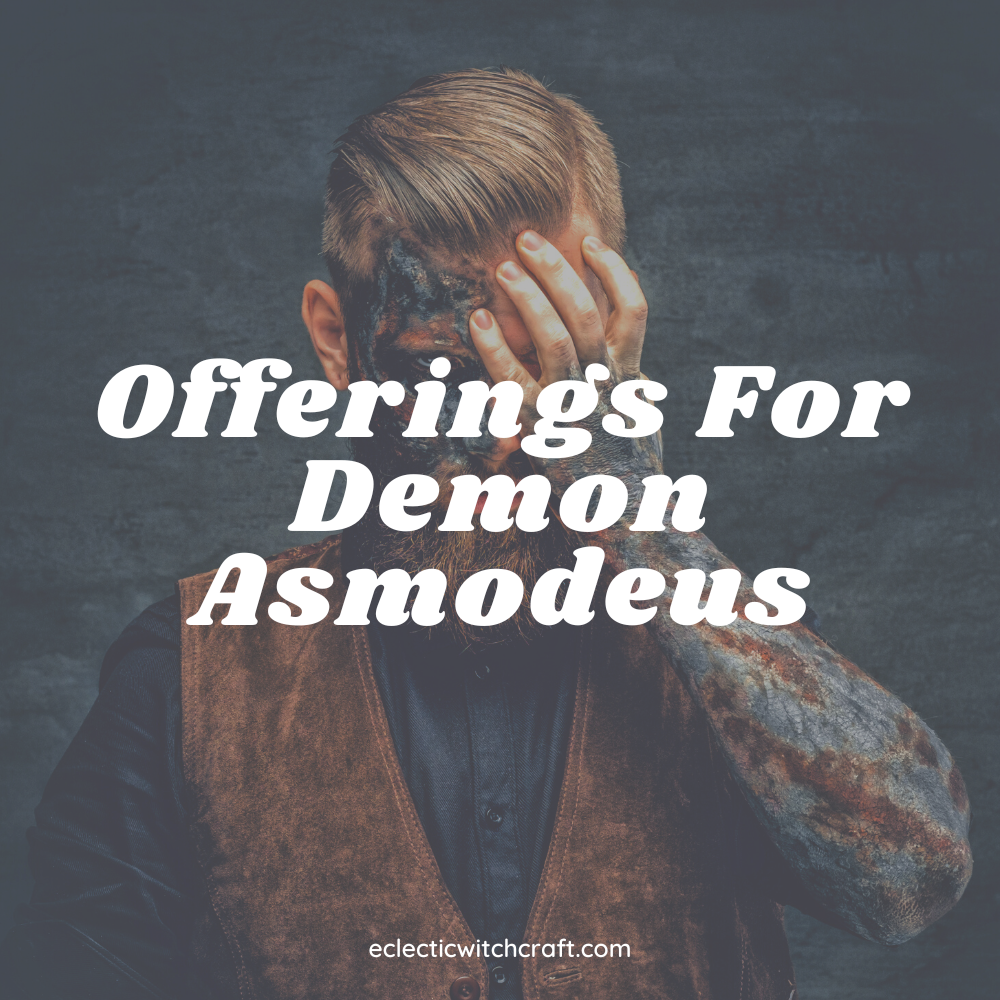 Offerings for demon Asmodeus. Demonic man in tattoos.