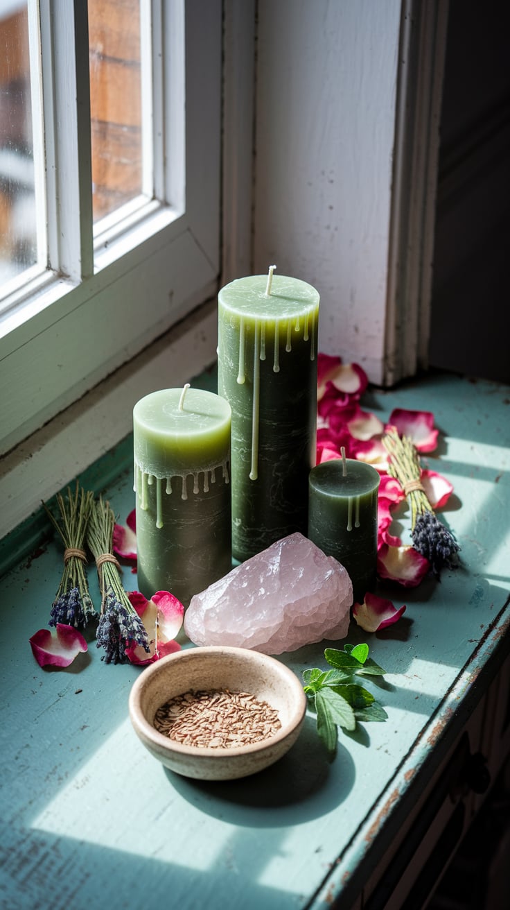 Spring fertility witchcraft A serene setting by a window. There are three cylindrical candles of varying heights, with the tallest one having dripping wax. Surrounding the candles are vibrant rose petals in shades of pink and red, along with some lavender stems. In the foreground, there's a bowl filled with what appears to be seeds or grains. The entire composition is placed on a weathered, turquoise wooden surface, and the sunlight streaming in from the window casts a soft glow over the scene.