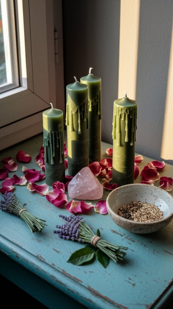 Spring spell ideas A serene setting by a window, where three tall, cylindrical candles with dripping wax are placed. They are surrounded by rose petals in shades of pink and red. In the foreground, there's a bunch of lavender tied with a string, a small bowl filled with seeds, and a crystal with a pink hue. The background reveals a wall with a soft gradient of light, and the window lets in a gentle sunlight, casting a warm glow on the scene.