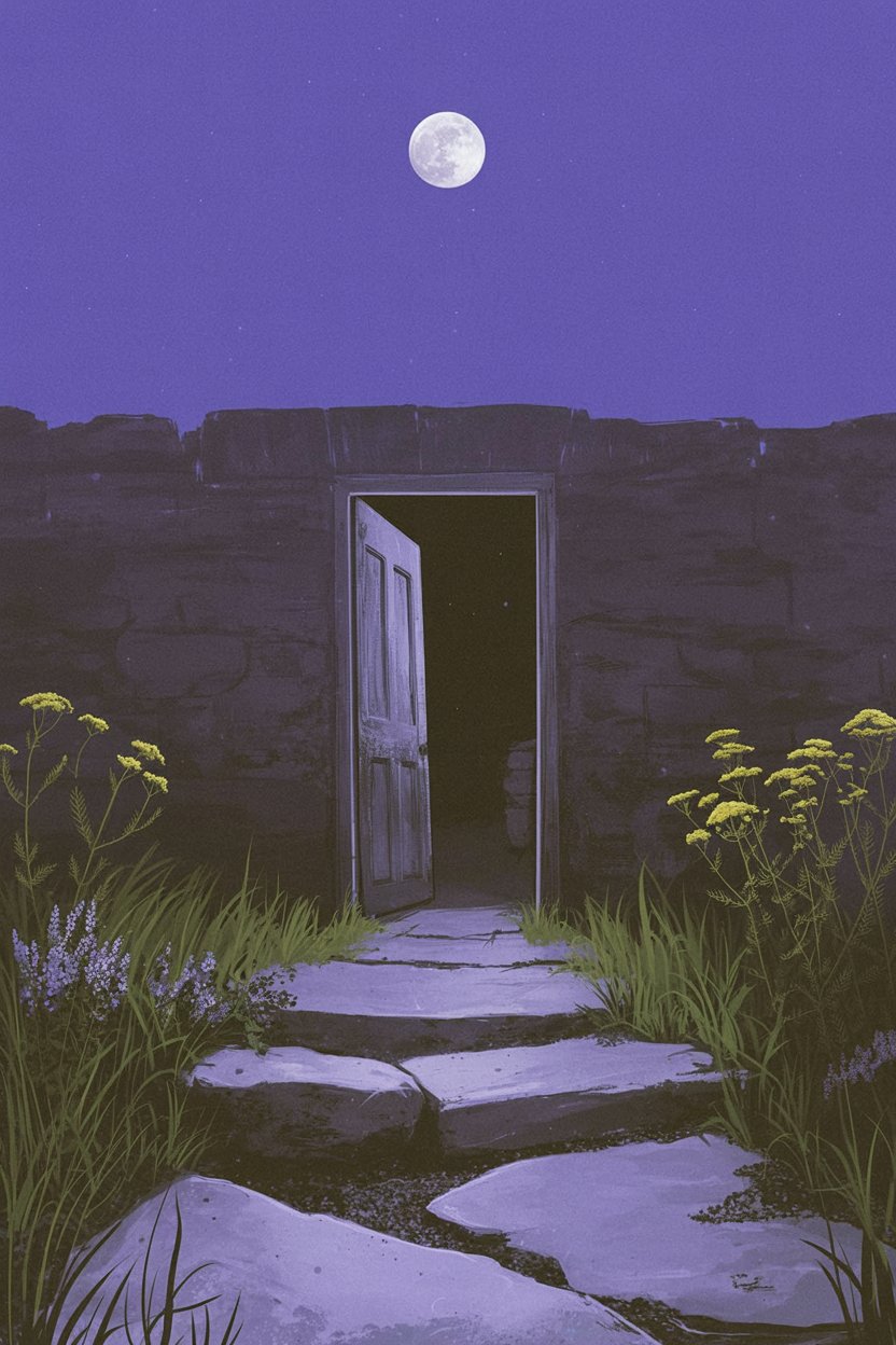 Stone pathway winds to an open doorway as yellow yarrow blooms under moonlight A weathered stone path leads to a half-open wooden door set in an ancient stone wall, flanked by yellow wildflowers and grasses beneath a bright full moon in a purple sky, embodying the threshold passage and liminality at the heart of Hekate's mysteries.