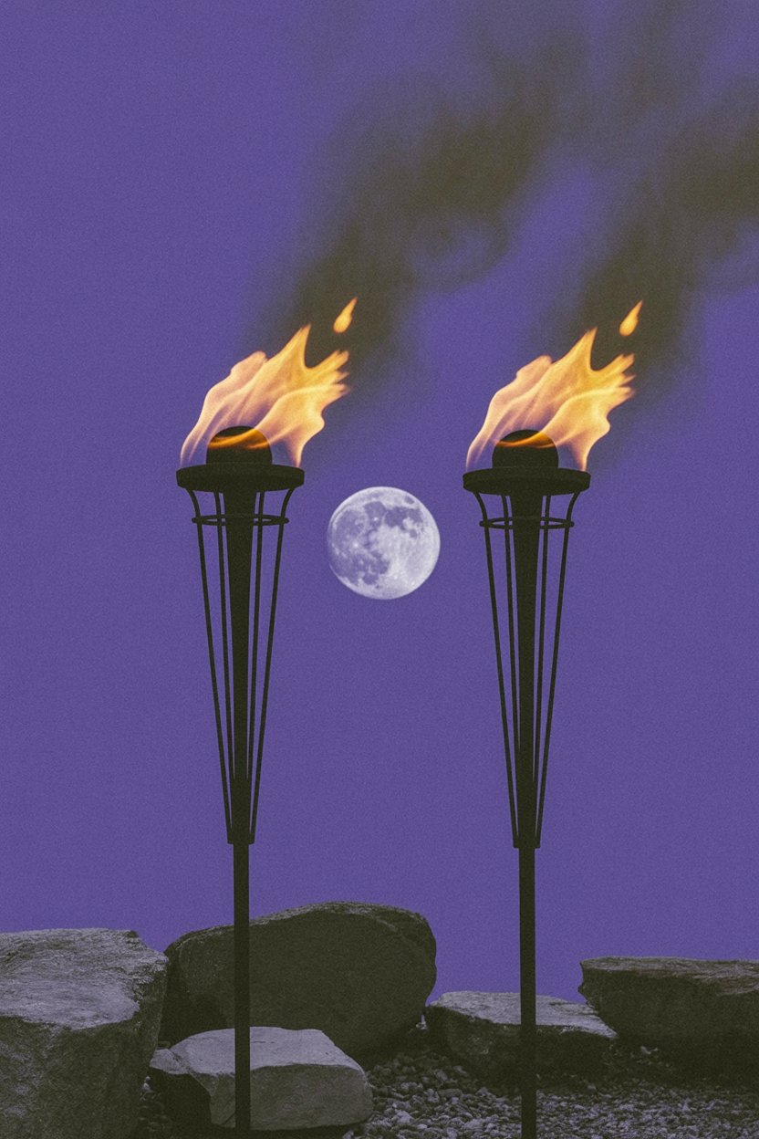 Twin flames burn bright on iron torches with the full moon rising between them Two tall torches with orange flames burning against a purple night sky frame a luminous full moon, their symmetrical placement and ascending smoke representing Hekate's dual torches that illuminate paths through darkness and guide seekers at crossroads.