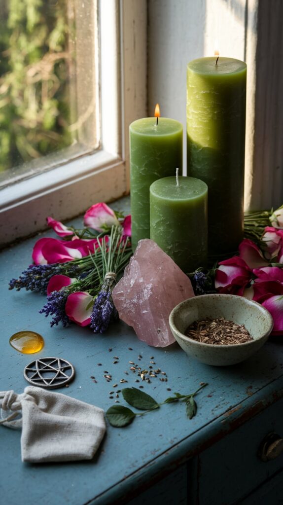 A serene setting by a window, where three green candles with lit flames are placed on a wooden surface. Surrounding the candles are vibrant flowers, primarily roses and lavender, along with a pink crystal. There's also a bowl containing dried herbs, a pentagram pendant, and a small cloth pouch. The ambiance suggests a calming and possibly spiritual or meditative setting.