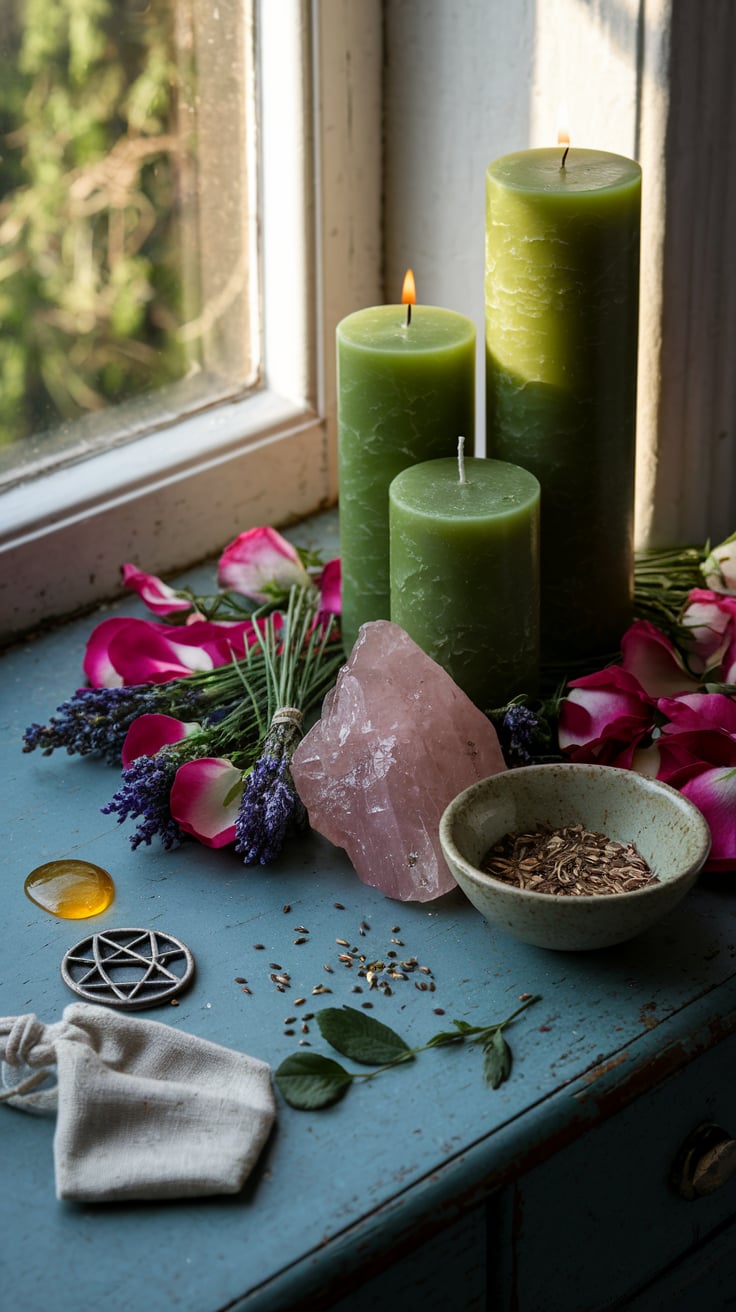 A serene setting by a window, where three green candles with lit flames are placed on a wooden surface. Surrounding the candles are vibrant flowers, primarily roses and lavender, along with a pink crystal. There's also a bowl containing dried herbs, a pentagram pendant, and a small cloth pouch. The ambiance suggests a calming and possibly spiritual or meditative setting.