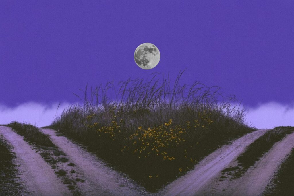 An aerial view of a three-way dirt road intersection under a full moon in a purple twilight sky, with wild grasses and yellow wildflowers marking the meeting point where paths diverge, representing the literal crossroads where Hekate receives offerings and guides decision-making.