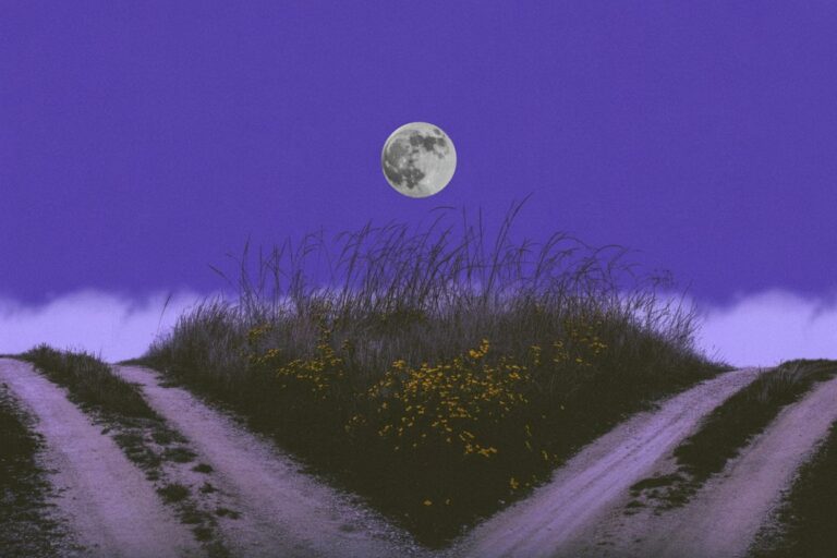 An aerial view of a three-way dirt road intersection under a full moon in a purple twilight sky, with wild grasses and yellow wildflowers marking the meeting point where paths diverge, representing the literal crossroads where Hekate receives offerings and guides decision-making.