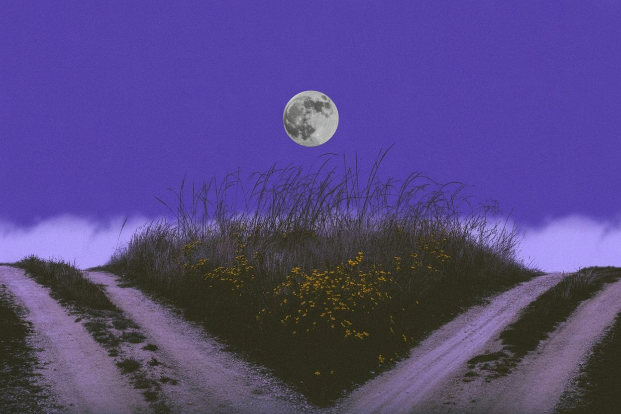 Yellow wildflowers bloom where three dirt roads converge beneath the full moon An aerial view of a three-way dirt road intersection under a full moon in a purple twilight sky, with wild grasses and yellow wildflowers marking the meeting point where paths diverge, representing the literal crossroads where Hekate receives offerings and guides decision-making.