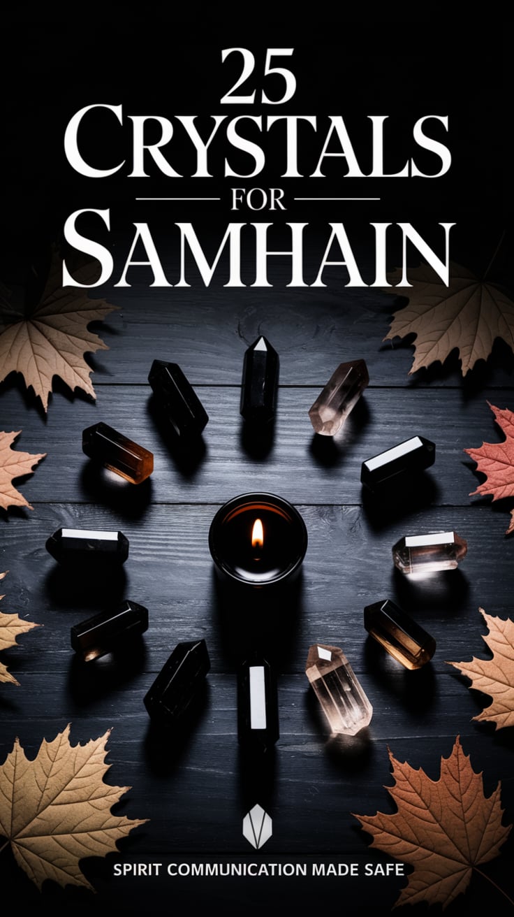 25 Crystals for Samhain: Practical Stones for October's Spiritual Shifts 4 A moody flat lay featuring a circle of black tourmaline, obsidian, and smoky quartz crystals on a dark wooden surface with autumn leaves scattered around the edges. A single black candle burns in the center casting dramatic shadows. Bold white text at top reads "25 Crystals for Samhain" in an elegant serif font. Smaller text at bottom says "Spirit communication made safe" in the same font style.