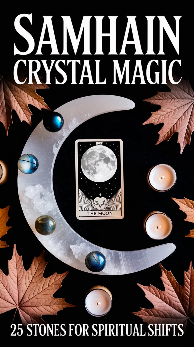 25 Crystals for Samhain: Practical Stones for October's Spiritual Shifts 3 An overhead shot of a witch's altar decorated for Samhain with an arrangement of selenite, labradorite, and moonstone positioned in a crescent shape. A tarot card (The Moon) sits prominently among dried autumn leaves and small white candles. Bold text across the top reads "Samhain crystal magic" in a vintage-inspired typeface. Small text at bottom says "25 stones for spiritual shifts" in the same font family.