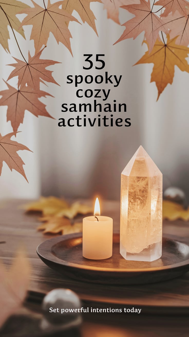 ‘35 Spooky Cozy Samhain Activities’ — minimalist sans serif, center, soft pastel autumn palette, crystals and candles, calm and grounded; bottom caption: ‘Set powerful intentions today’