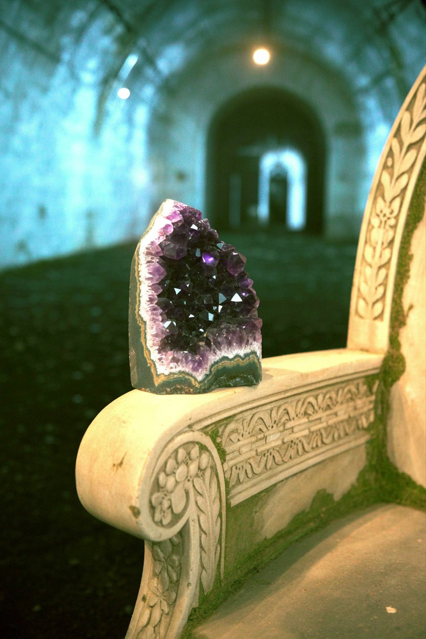 Amethyst crowns ancient architecture where purple signals royal wisdom Purple amethyst activates crown chakra connection to divine authority, the specific combination Zeus mastered: spiritual wisdom grounded in earthly leadership. Positioned on classical marble architecture, this image demonstrates how Jupiter work requires both elevated consciousness (purple for royalty and third eye sight) and solid foundational structure (stone architecture, grounding).