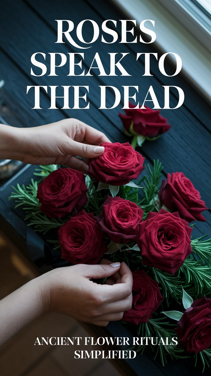 An overhead shot of a person's hands arranging roses with rosemary and black ribbons. Top text reads "ROSES SPEAK TO THE DEAD" in a bold, slightly antique serif font. Bottom text says "Ancient flower rituals simplified" in a smaller version of the same font. Natural afternoon light highlights the rich red roses against a dark wooden surface.