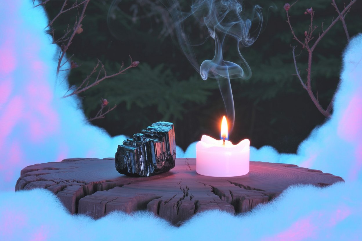 Tourmaline's vertical striations create natural channels that practitioners associate with grounding energy downward into earth, observable as a consistent visual pattern that directs attention and intention vertically. Smoke functions as indexical sign: it points to combustion and heat that transformed solid wax into gas without showing the transformation moment itself. Nyx holds space for transformations that happen in darkness, unseen. The pink candle represents the small light she carries in classical depictions, not to banish darkness but to witness it.