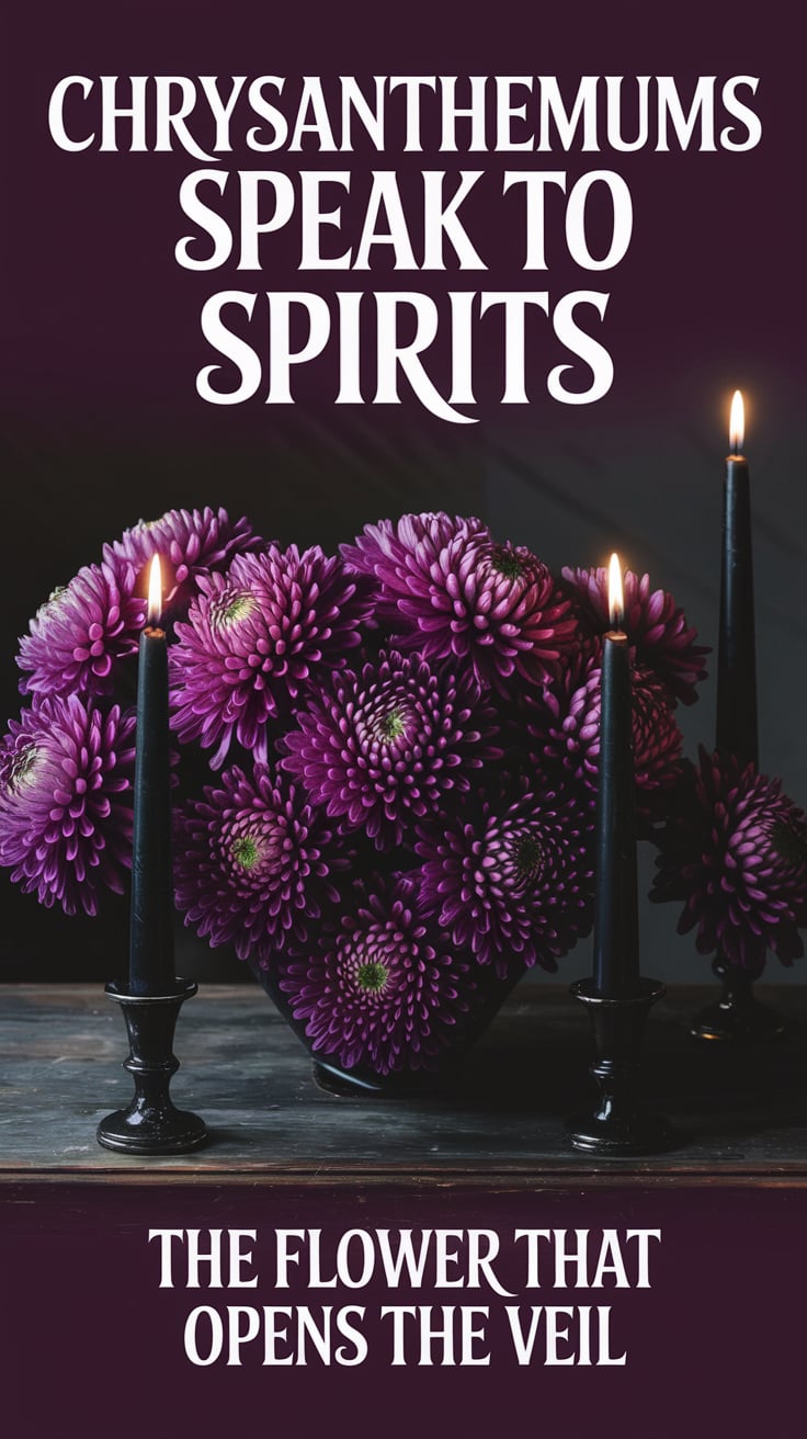 A moody image of dark purple chrysanthemums arranged with black candles on a wooden altar. Text at top reads "CHRYSANTHEMUMS SPEAK TO SPIRITS" in a bold, slightly vintage serif font. Bottom text in smaller size says "The flower that opens the veil" in the same font family. The arrangement is photographed in low light with a single candle illuminating the flowers.