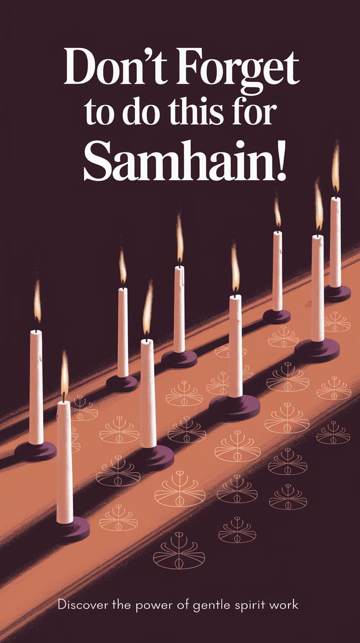 ‘Don't forget to do this for Samhain!’ — dramatic serif, centered, deep shadowy scene with candle flames flickering; bottom caption: ‘Discover the power of gentle spirit work’