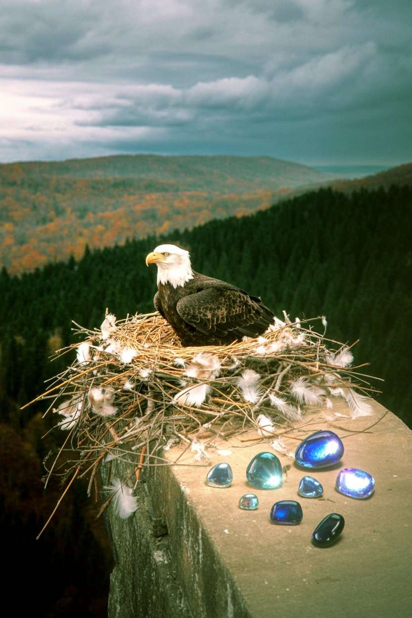 Eagles nest Zeus vision from mountain heights above grounding stones The eagle as Zeus's sacred animal represents elevated perspective and divine messenger function. Positioned above an array of blue Jupiter stones (sapphire, labradorite, aquamarine tones), this composition teaches the core Zeus principle: see from the heights like the eagle, then ground that vision into material reality through crystal work. The nest structure itself symbolizes building authority from gathered resources.