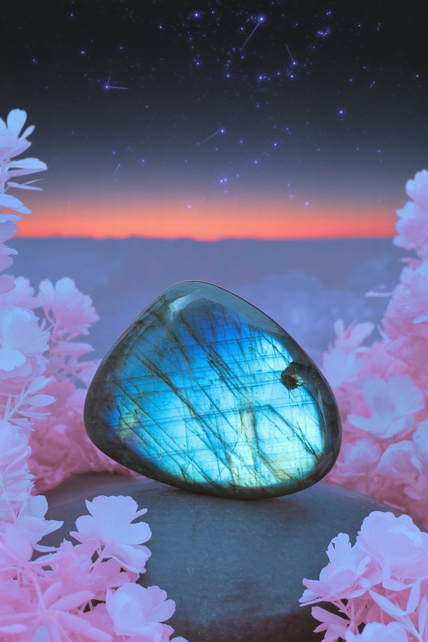 Labradorite's blue-green flash appears only when light hits darkness at specific angles, mirroring how Nyx reveals what daylight obscures. The stone's internal structure creates iridescence through light interference, a measurable optical phenomenon that traditional practice interpreted as hidden truth becoming visible. This twilight moment captures the exact threshold when Nyx's covering of the sky allows stars to appear.