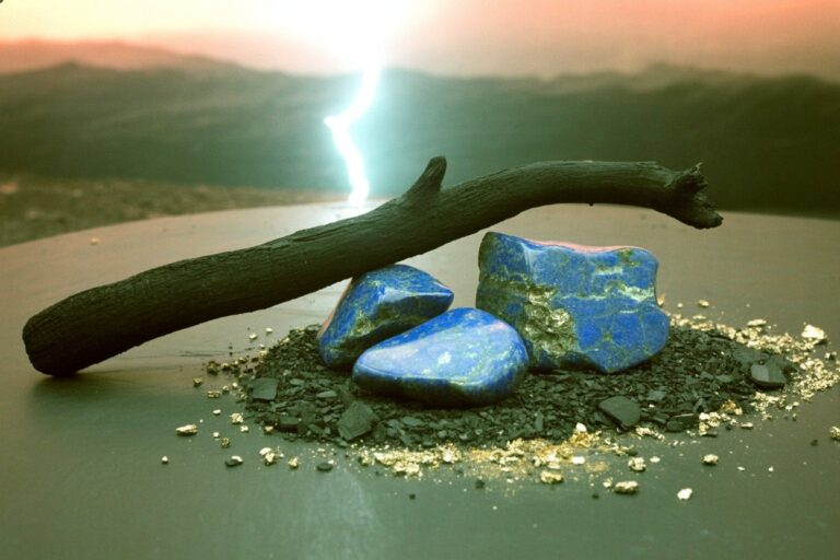 Lapis lazuli captures Zeus's commanded sky in deep royal blue. This composition pairs the stone with lightning and elevated mountain vista to demonstrate how planetary correspondences work through visual resemblance: the crystal's color iconically represents the domain Zeus ruled, making it a direct anchor point for Jupiter authority work.