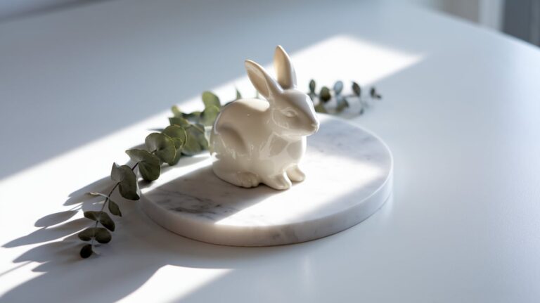 A tranquil image presents a simple rabbit symbolism scene with a white ceramic rabbit figurine sitting elegantly on a round marble slab. A sprig of eucalyptus lies nearby, and soft sunlight enhances the calming and minimalist aesthetic, creating a serene and spiritual vibe.