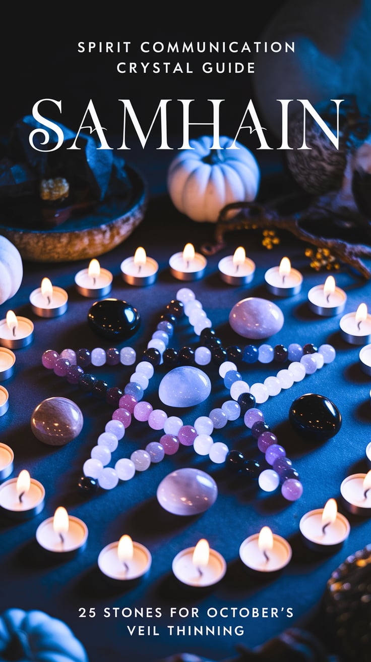 25 Crystals for Samhain: Practical Stones for October's Spiritual Shifts 2 An atmospheric photo of a crystal grid arranged in a pentagram pattern using various Samhain-appropriate crystals against a dark background. Small tea lights create a mystical glow around the edges. Text at top says "Spirit communication crystal guide" in a clean, modern serif font. Small text at bottom reads "25 stones for October's veil thinning" in matching style.