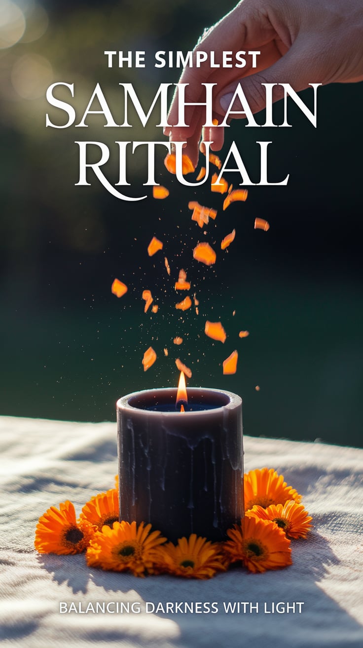 A sunlit image of calendula petals being sprinkled around a black candle. Top text reads "THE SIMPLEST SAMHAIN RITUAL" in a clean, modern sans-serif font. Bottom text says "Balancing darkness with light" in the same font style. Golden morning light highlights the vibrant orange petals against a natural linen surface.