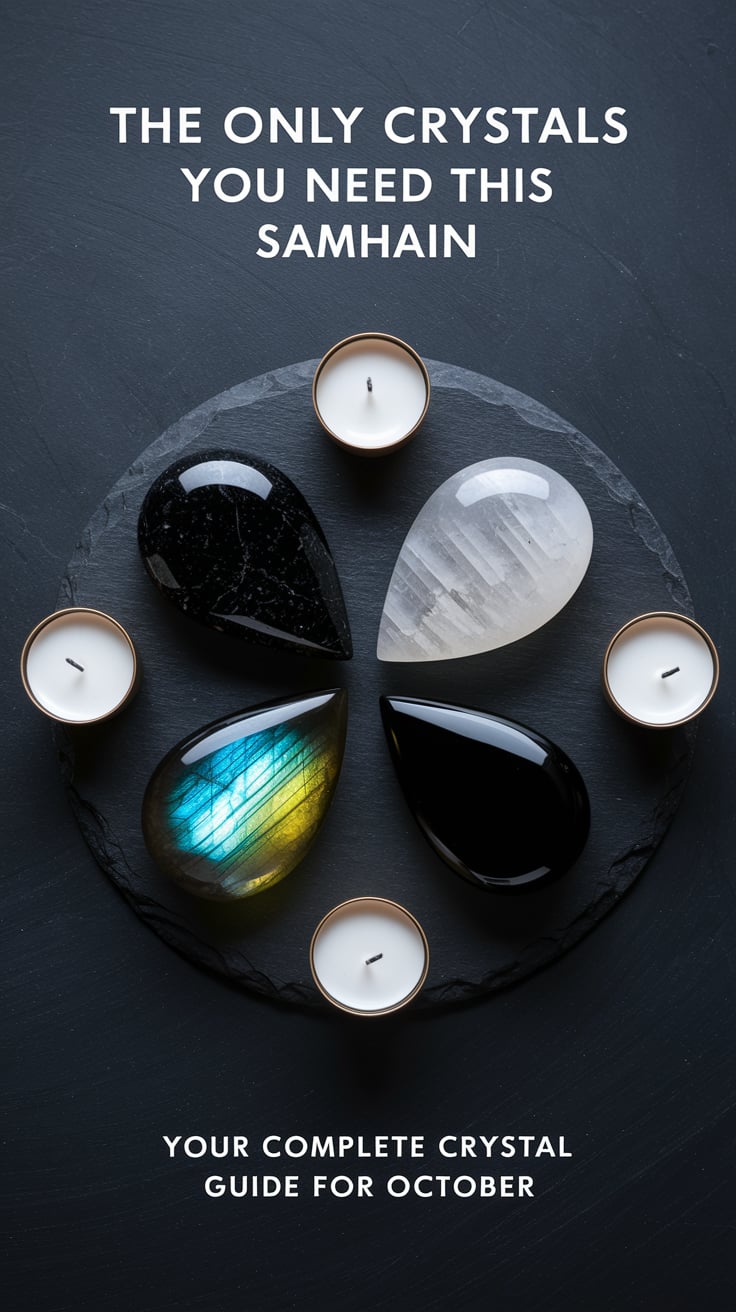 25 Crystals for Samhain: Practical Stones for October's Spiritual Shifts 6 A minimalist flat lay featuring five key Samhain crystals (obsidian, selenite, amethyst, labradorite, black tourmaline) arranged in a star pattern on a dark slate surface with white candles at each point. Simple elegant text at top says "The only crystals you need this Samhain" in a modern sans-serif font. Bottom text states "Your complete crystal guide for October" in matching smaller text.