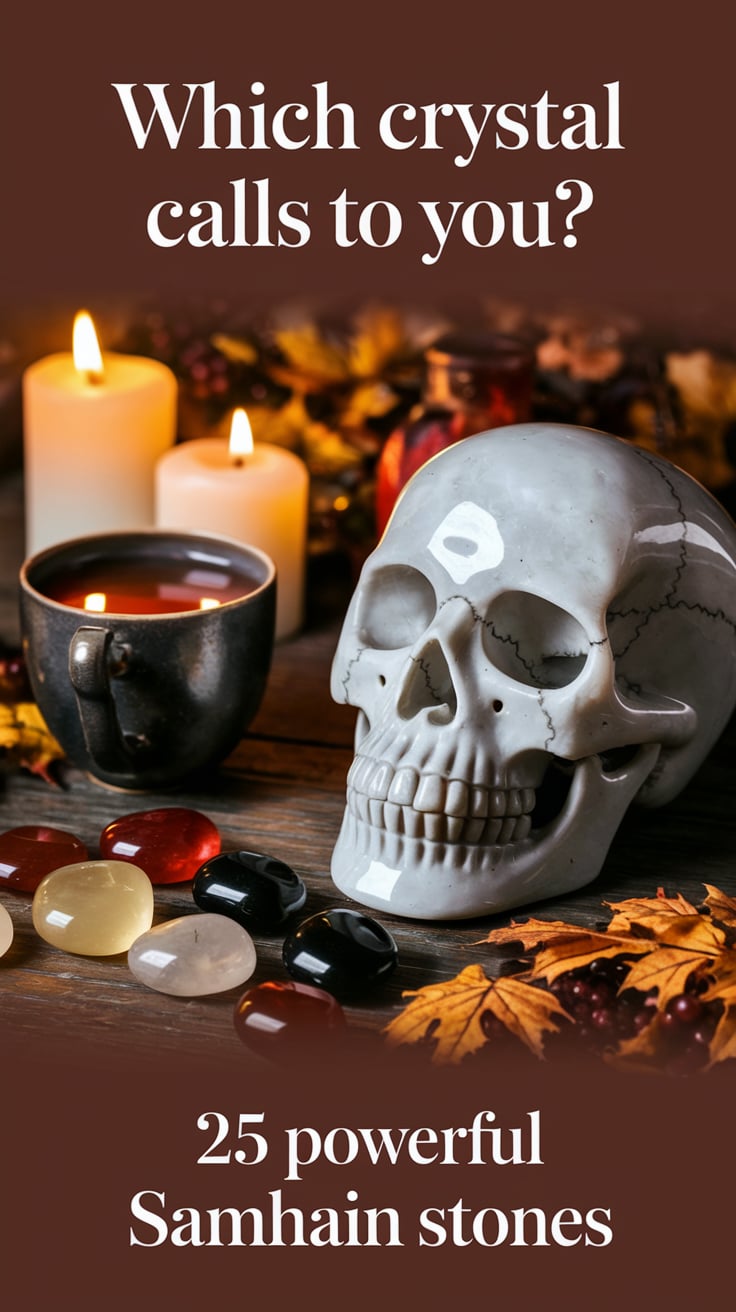25 Crystals for Samhain: Practical Stones for October's Spiritual Shifts 5 A cozy scene featuring a crystal skull, with a small collection of stones (carnelian, citrine, bloodstone) arranged beside it. Warm candlelight illuminates the scene with a cup of tea nearby suggesting autumn comfort. Top text asks "Which crystal calls to you?" in an elegant handwritten-style font. Bottom text states "25 powerful Samhain stones" in a simpler matching font.