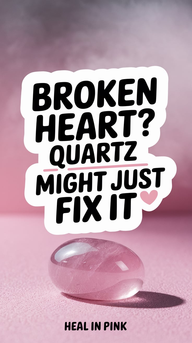 Broken Heart Rose Quartz Might Just Fix It ‘Broken Heart? Rose Quartz Might Just Fix It’ — strong, playful font, centered, misty pastel background, a single polished stone; bottom caption: ‘Heal in pink’