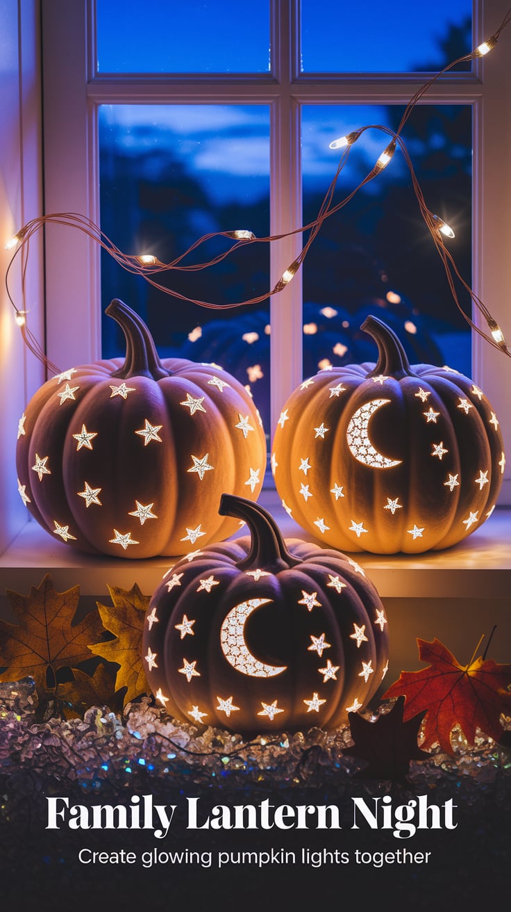 Three mini pumpkins with star and moon patterns glowing with LED lights on a window sill at twilight. Copper fairy lights weave between them like stars against the blue evening sky. Crystals and autumn leaves create the base. Text reads "FAMILY LANTERN NIGHT" with "Create glowing pumpkin lights together" below.