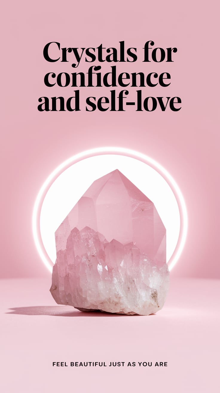 Crystals for Confidence and Self Love ‘Crystals for Confidence and Self-Love’ — minimalist sans serif, upper third, pastel pink ambient glow, a raw rose quartz specimen; bottom caption: ‘Feel beautiful just as you are’