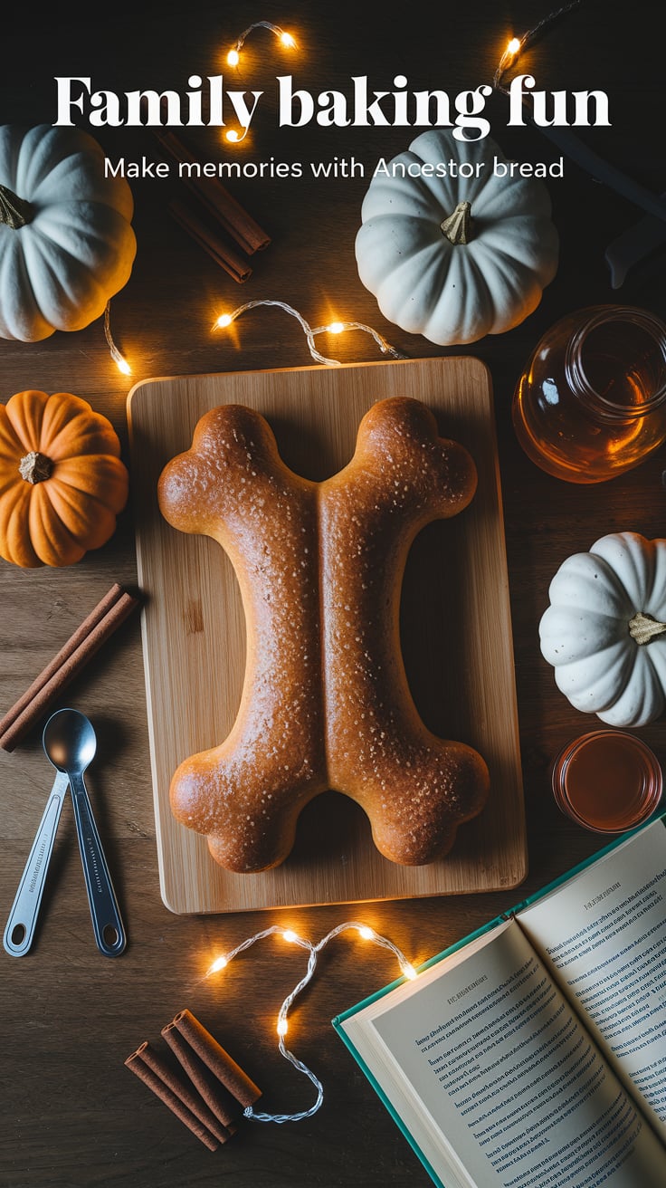 15 Kid-Friendly Samhain Activities: Teaching Children About Life, Death, and Ancestors 3 A wooden baking board with flour and a golden-brown Samhain bread shaped like bones. Small pumpkins, cinnamon sticks, and honey in a copper jar surround it. Fairy lights cast a warm glow on measuring spoons and an open recipe book. Text reads "FAMILY BAKING FUN" with "Make memories with ancestor bread" below.