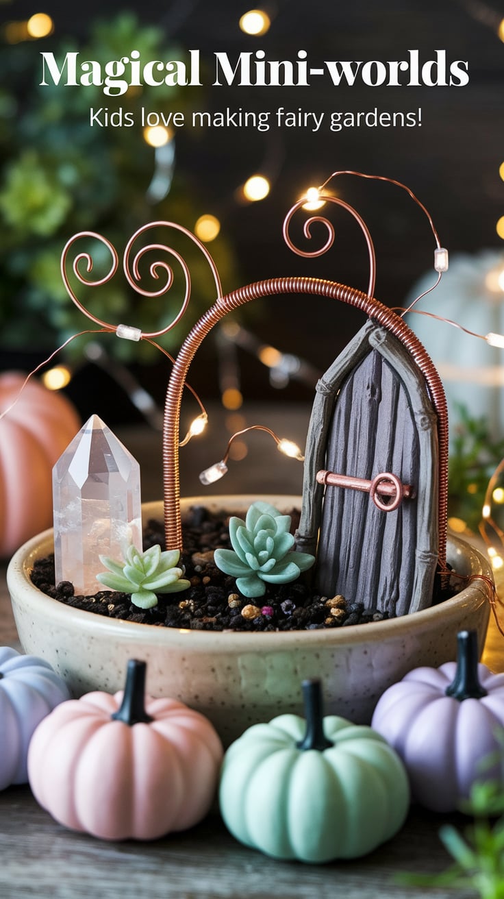 15 Kid-Friendly Samhain Activities: Teaching Children About Life, Death, and Ancestors 4 A fairy garden in a ceramic bowl with mini pumpkins in pink, lavender and mint. A twig fairy door leans against a crystal, with copper wire forming a gateway. Tiny string lights illuminate the scene. Text reads "MAGICAL MINI-WORLDS" with "Kids love making fairy gardens!" below.