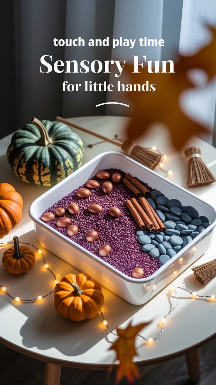 15 Kid-Friendly Samhain Activities: Teaching Children About Life, Death, and Ancestors 2 A child's sensory bin on a cream table with purple rice, copper acorns, cinnamon sticks and smooth stones. Mini pumpkins and tiny twig brooms add playful touches. Window light and string lights illuminate the display. Text reads "TOUCH AND PLAY TIME" with "Sensory fun for little hands" below.