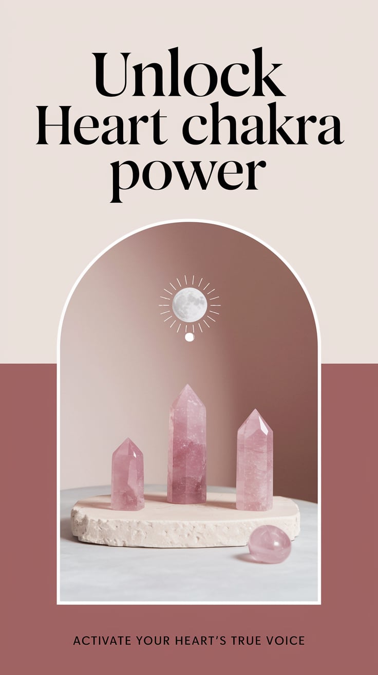 Unlock Heart Chakra Power ‘Unlock Heart Chakra Power’ — modern sans serif, upper third, muted rose beige, a crystal altar with moon, and rose quartz points; bottom caption: ‘Activate your heart’s true voice’