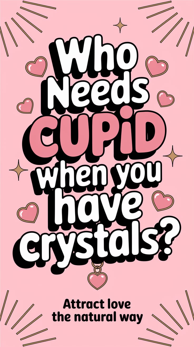 Who Needs Cupid When You Have Crystals ‘Who Needs Cupid When You Have Crystals?’ — fun, quirky font, large in the center, pink and gold vibes, a rose quartz heart charm; bottom caption: ‘Attract love the natural way’