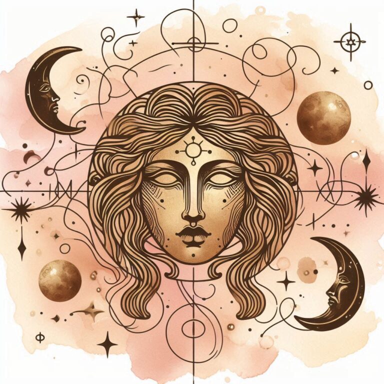 A celestial-inspired illustration of a stylized face with swirling hair patterns and closed eyes, surrounded by cosmic elements like moons, stars, and planets. The artwork is in warm brown and beige tones, with intricate lines connecting the various elements in a harmonious, mystical design.