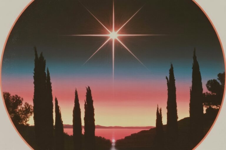 Pre-dawn Mediterranean landscape with Italian cypress tree silhouettes framing brilliant Venus as morning star in gradient sky transitioning from deep teal blue to warm pink and peach at horizon, illustrating the astronomical reality and liminal threshold moment when Astarte appears to ancient Phoenician sailors and modern practitioners.