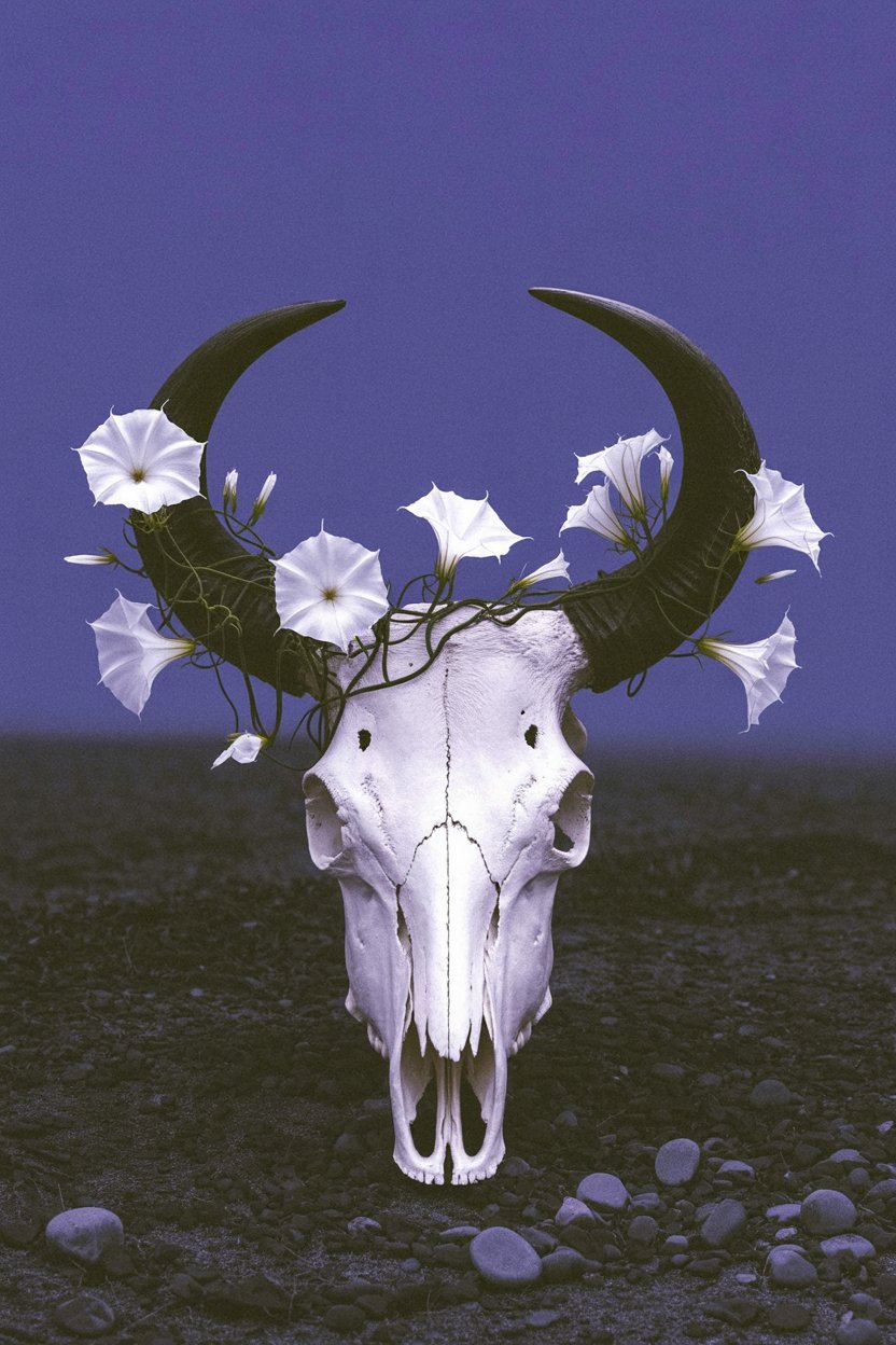 Morning Glory Grows Through Horns That Held Power A bleached animal skull with crescent horns wrapped in white morning glory vines demonstrates transformation and renewal through death. The lunar curve of the horns combined with night-blooming flowers connects chthonic wisdom with cyclical rebirth on dark earth scattered with stones.
