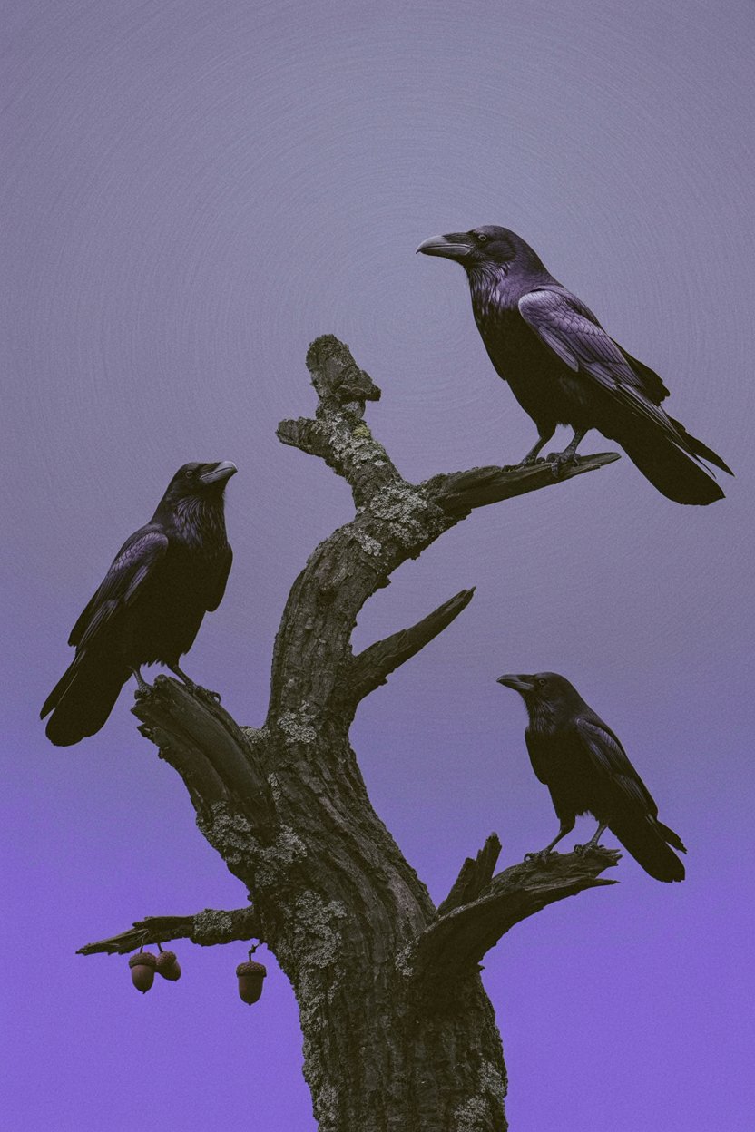 Three Ravens Watch From Different Directions Three black ravens perched at different heights on a dead oak tree convey the intelligence and observational nature of corvids as oracles and messengers. The purple twilight sky and acorns grounding the scene in natural reality emphasize liminal awareness and pattern recognition across multiple viewpoints.