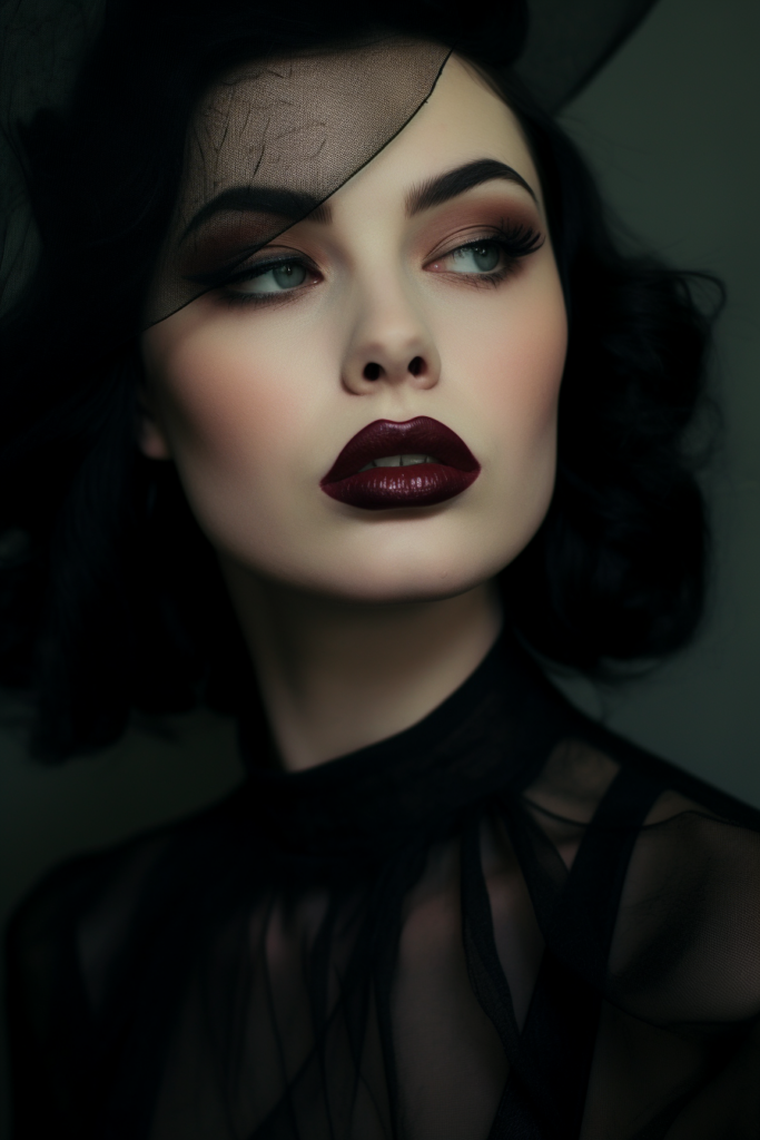1 Dramatic winged liner and dark burgundy lipstick for a mystical look