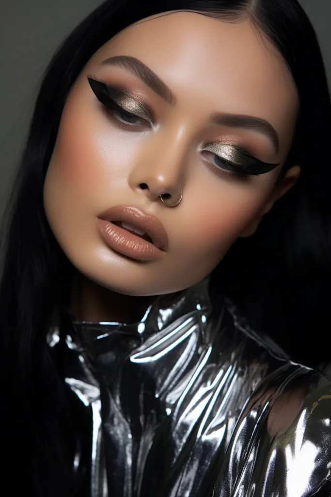 16 Metallic silver cut-crease with thick black wing, clear glossy lip
