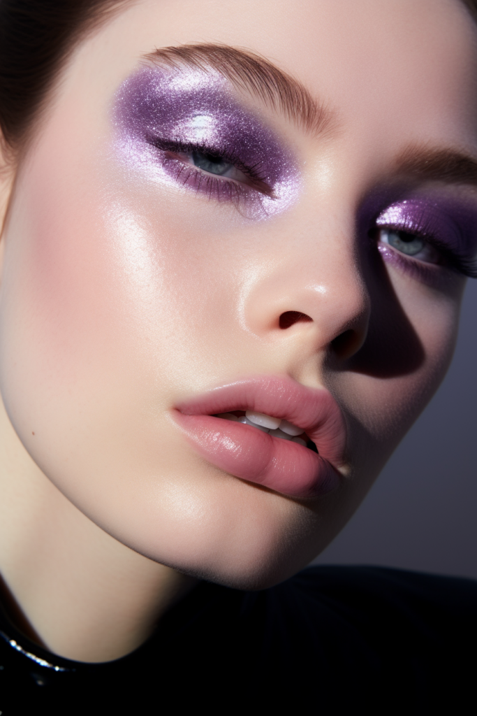 19 Frosted purple shadow look with defined brows and bare lips evoking dusk