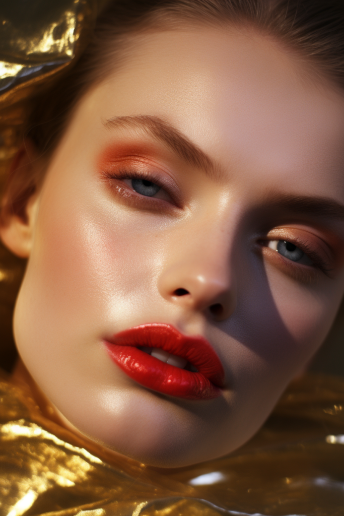 20 Warm golden shimmery eye with a flawless complexion and red lip