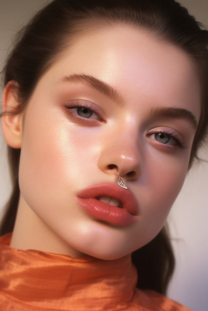 20 Warm orange and brown halo eye, peachy glossy lip