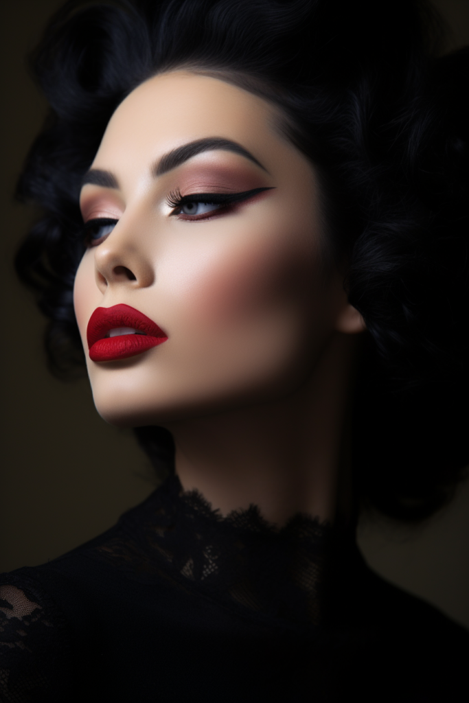 21 Sweeping black winged liner, contoured cheeks, and deep red lips for drama