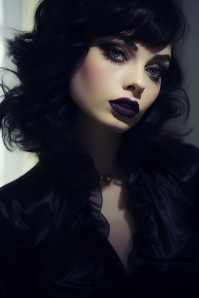 3 Black cat-eye with dark purple lipstick for a witchy aesthetic