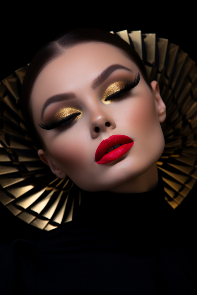 3 Metallic gold cut-crease with thick black winged liner and red matte lips