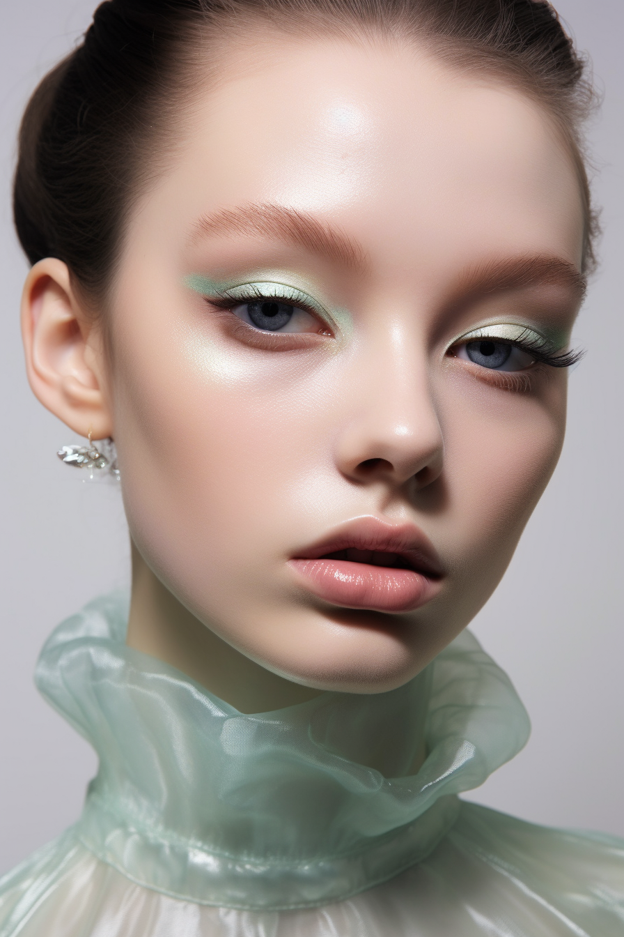 7 Frosted mint green lid with winged black liner, clear glossy lips