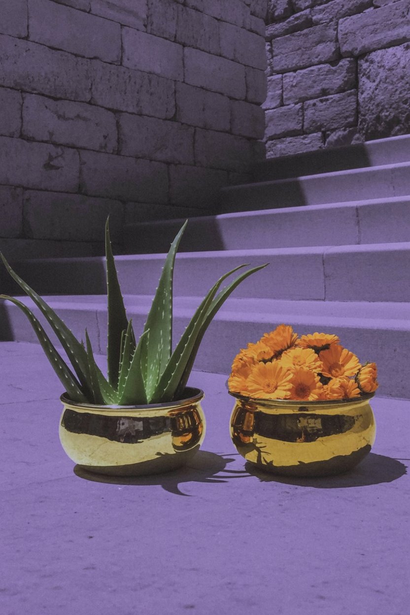 Gold bowls hold aloe and calendula on stone steps at dusk Two polished gold planters sit on purple-lit stone steps, one containing protective aloe and one filled with solar calendula blossoms. This illustrates the post's teaching about pairingโHekate's soothing medicine (aloe) alongside her solar fire (calendula)โand the liminal space of thresholds represented by steps themselves.